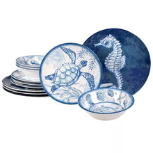 Load image into Gallery viewer, 12-Piece Sea Shells Ocean Theme Dinnerware Set in Blue and White - Service for 4