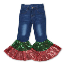 Load image into Gallery viewer, Green red sequin bell bottom denim pants girls Christmas jeans