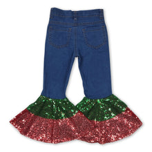 Load image into Gallery viewer, Green red sequin bell bottom denim pants girls Christmas jeans