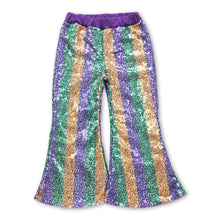 Load image into Gallery viewer, Purple gold green stripe sequin girls Mardi gras pants
