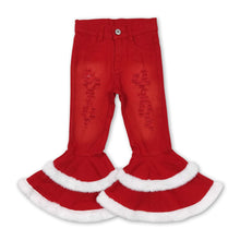 Load image into Gallery viewer, Red distressed ruffle bell bottom pants girls Christmas jeans