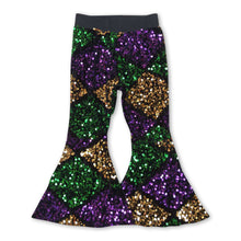 Load image into Gallery viewer, Green purple gold sequin girls mardi gras pants