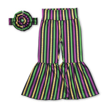 Load image into Gallery viewer, Purple green gold stripe girls mardi gras bell bottom pants