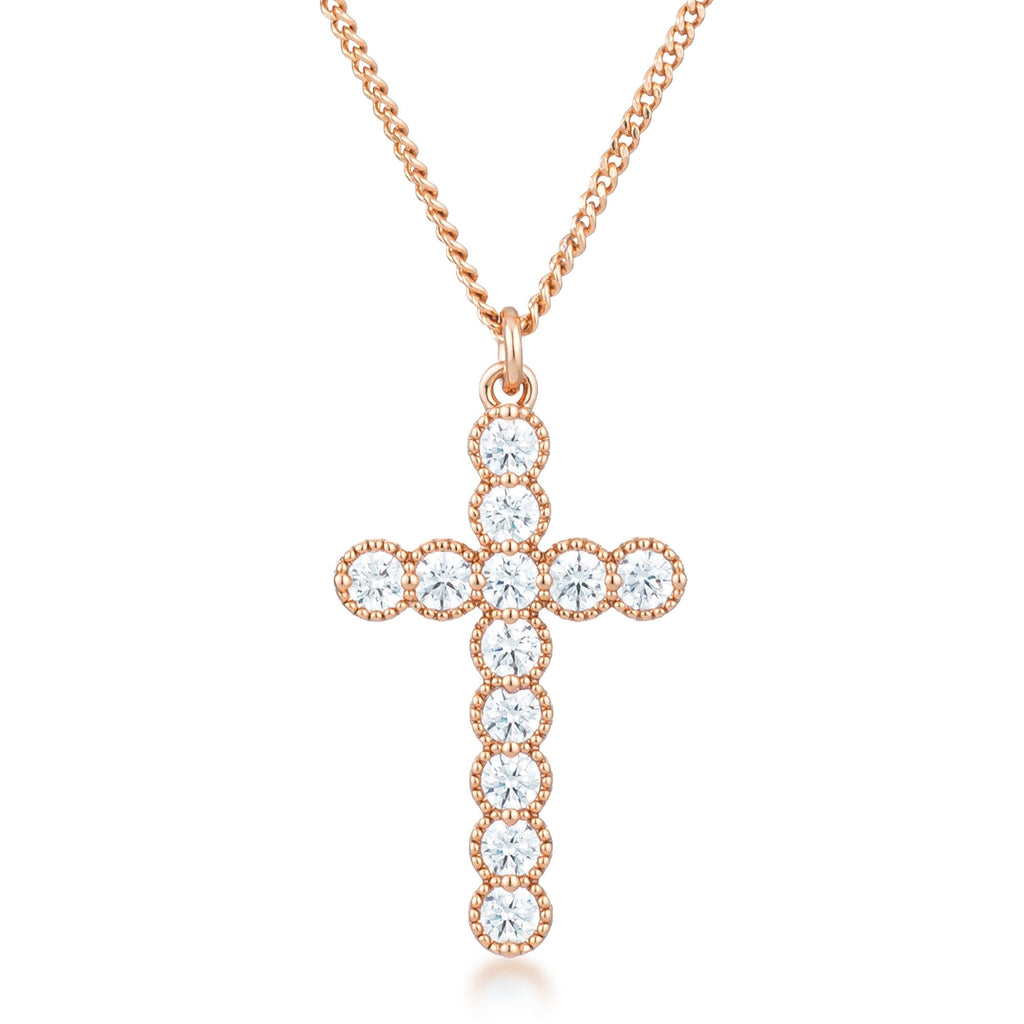 Micro Beaded Rose Gold Plated Clear CZ Cross Pendant