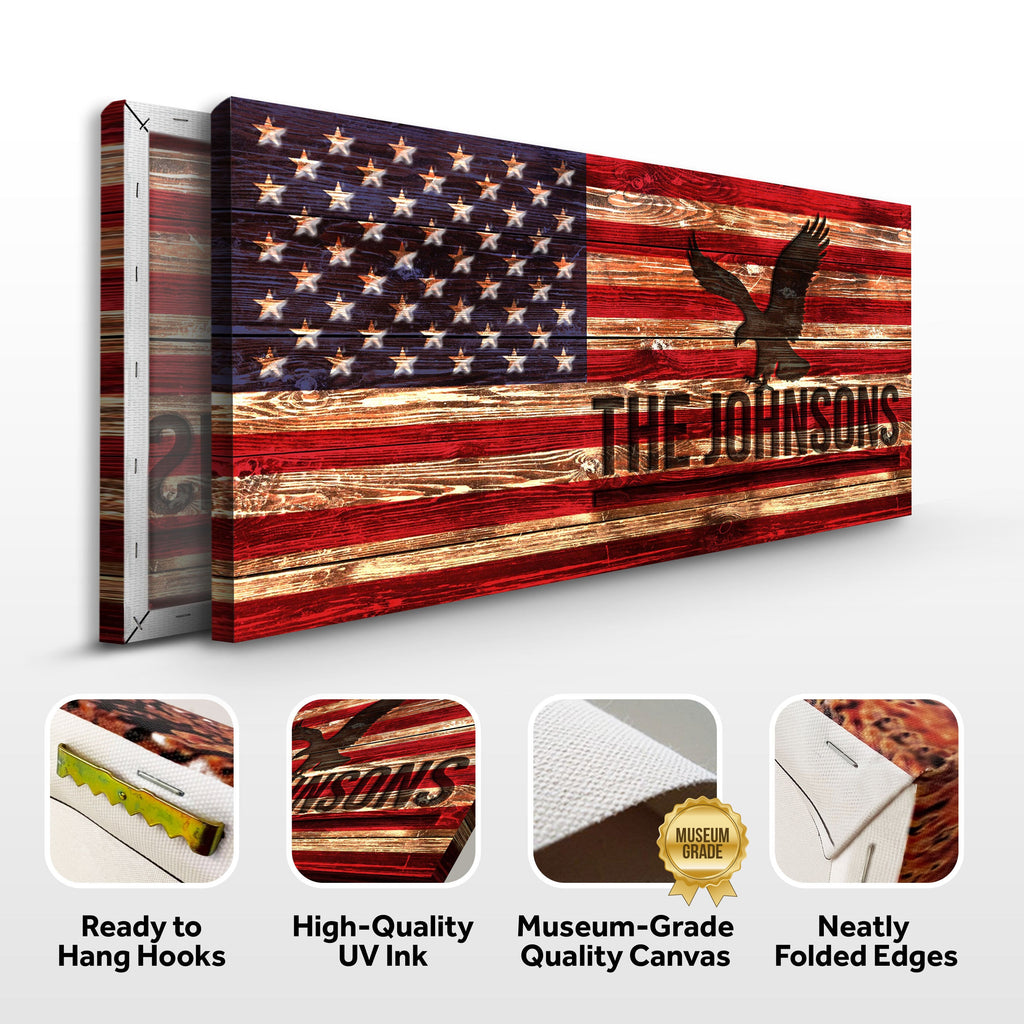 Rustic American Flag Family Name Sign