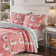Load image into Gallery viewer, Twin/Twin XL Pink Blue Reversible Floral Llama Cotton Quilt Set