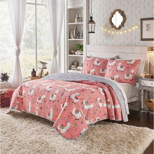 Load image into Gallery viewer, Full/Queen Pink Blue Reversible Floral Llama 100-Percent Cotton Quilt Set