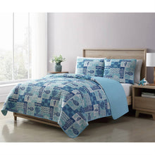 Load image into Gallery viewer, Full/Queen Aqua Blue Cream Beach Sea Shells Coral Fish Coastal 3-Piece Quilt Set