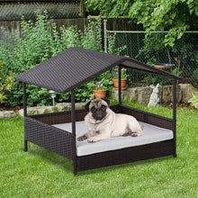 Load image into Gallery viewer, Espresso Wicker Weather Resistant Raised Dog Bed House with 2 in Thick Cushion