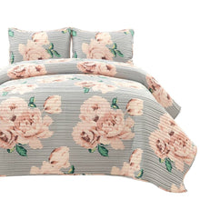 Load image into Gallery viewer, King Size Polyester Black White Striped Rose Floral 3 Piece Quilt Set