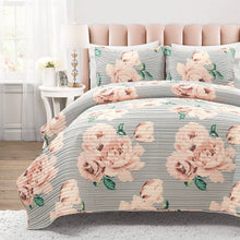 Load image into Gallery viewer, King Size Polyester Black White Striped Rose Floral 3 Piece Quilt Set