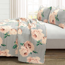 Load image into Gallery viewer, King Size Polyester Black White Striped Rose Floral 3 Piece Quilt Set
