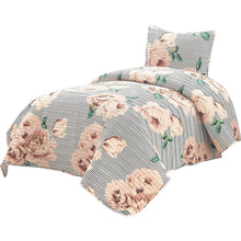 Load image into Gallery viewer, Twin/Twin XL Size Polyester Black White Striped Rose Floral 2 Piece Quilt Set