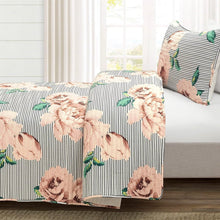 Load image into Gallery viewer, Twin/Twin XL Size Polyester Black White Striped Rose Floral 2 Piece Quilt Set