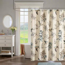 Load image into Gallery viewer, 72-inch Beige Khaki Cotton Shower Curtain with Vintage Birds Leaf Floral Print