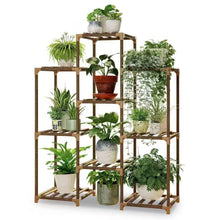 Load image into Gallery viewer, Natural Wood Bookcase Plant Stand Shelving Rack - Holds up to 9 Planters
