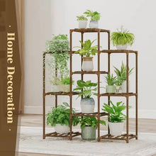 Load image into Gallery viewer, Natural Wood Bookcase Plant Stand Shelving Rack - Holds up to 9 Planters