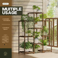 Load image into Gallery viewer, Natural Wood Bookcase Plant Stand Shelving Rack - Holds up to 9 Planters