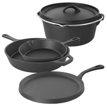 Load image into Gallery viewer, 5-Piece Cast Iron Cookware Set with Dutch Oven Griddle and 2 Skillets