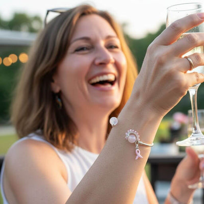 Pink Crystal Breast Cancer Awareness Rose Quartz Bead Ball End Cuff