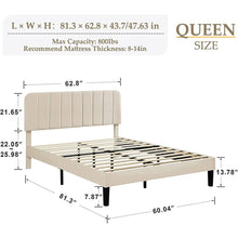 Load image into Gallery viewer, Queen size Beige Upholstered Platform Bed Frame with Headboard