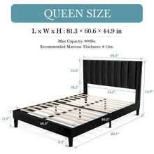 Load image into Gallery viewer, Queen size Modern Black Velvet Upholstered Platform Bed with Headboard