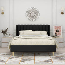 Load image into Gallery viewer, Queen size Mid-Century Black Linen Platform Bed Frame with Upholstered Headboard
