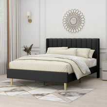 Load image into Gallery viewer, Queen size Mid-Century Black Linen Platform Bed Frame with Upholstered Headboard