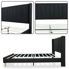 Load image into Gallery viewer, Queen size Mid-Century Black Linen Platform Bed Frame with Upholstered Headboard