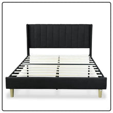 Load image into Gallery viewer, Queen size Mid-Century Black Linen Platform Bed Frame with Upholstered Headboard