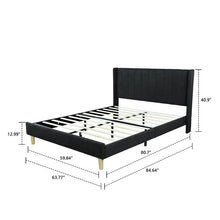 Load image into Gallery viewer, Queen size Mid-Century Black Linen Platform Bed Frame with Upholstered Headboard