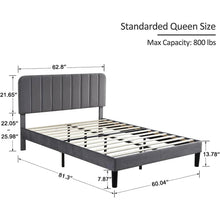 Load image into Gallery viewer, Queen size Dark Grey Upholstered Platform Bed Frame with Headboard