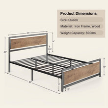 Load image into Gallery viewer, Queen Modern Metal Wood Industrial Platform Bed Frame with Headboard Footboard