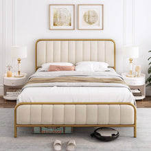 Load image into Gallery viewer, Queen size Gold Metal Platform Bed Frame with Off-White Upholstered Headboard