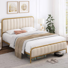 Load image into Gallery viewer, Queen size Gold Metal Platform Bed Frame with Off-White Upholstered Headboard