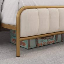 Load image into Gallery viewer, Queen size Gold Metal Platform Bed Frame with Off-White Upholstered Headboard