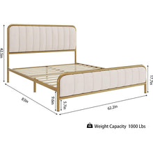 Load image into Gallery viewer, Queen size Gold Metal Platform Bed Frame with Off-White Upholstered Headboard