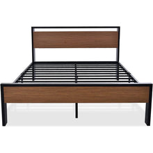 Load image into Gallery viewer, Queen Metal Platform Bed with Walnut Finish Wood Panel Headboard Footboard