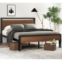 Load image into Gallery viewer, Queen Metal Platform Bed with Walnut Finish Wood Panel Headboard Footboard