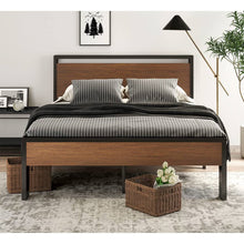 Load image into Gallery viewer, Queen Metal Platform Bed with Walnut Finish Wood Panel Headboard Footboard