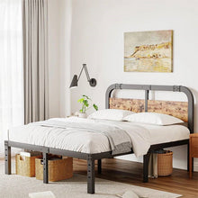 Load image into Gallery viewer, Queen Heavy Duty Black Metal Bed Frame with Solid Wood Panel Headboard