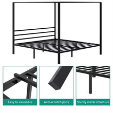 Load image into Gallery viewer, Queen size Modern Four Poster Metal Canopy Bed in Black Finish
