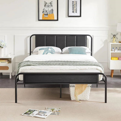 Queen size Black Wood Metal Platform Bed Frame with Rounded Headboard Footboard