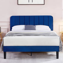 Load image into Gallery viewer, Queen size Blue Upholstered Platform Bed Frame with Headboard