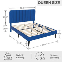 Load image into Gallery viewer, Queen size Blue Upholstered Platform Bed Frame with Headboard