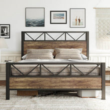 Load image into Gallery viewer, Queen Metal Wood Vintage Industrial Platform Bed Frame with Headboard Footboard