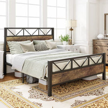 Load image into Gallery viewer, Queen Metal Wood Vintage Industrial Platform Bed Frame with Headboard Footboard