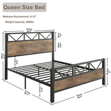 Load image into Gallery viewer, Queen Metal Wood Vintage Industrial Platform Bed Frame with Headboard Footboard