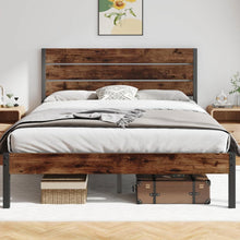 Load image into Gallery viewer, Queen size Modern Farmhouse Metal Platform Bed Frame with Brown Wood Headboard