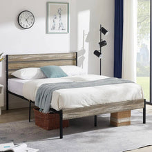 Load image into Gallery viewer, Queen Industrial Farmhouse Rustic Wood Metal Platform Bed Frame with Headboard